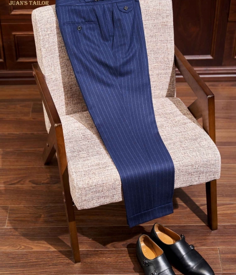 Navy Pinstripe Pleated Trousers 